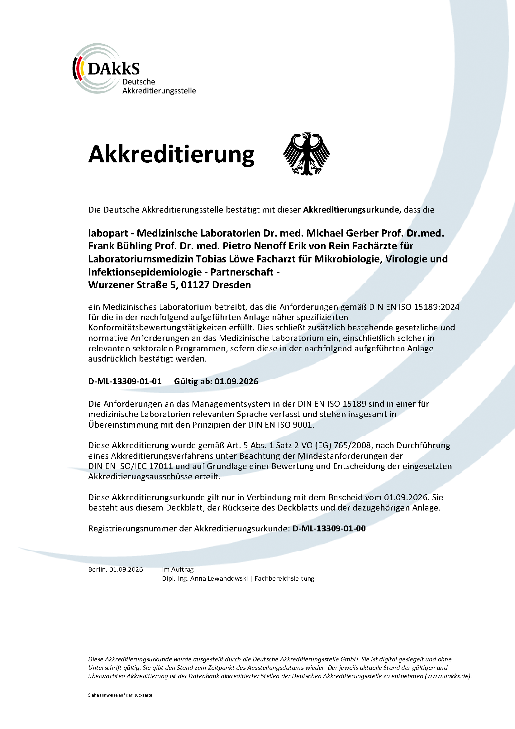 Akkreditierungsurkunde der DAkkS – Zertifizierung des medizinischen Labors nach DIN EN ISO 15189 in Dresden, Chemnitz und Elsterwerda